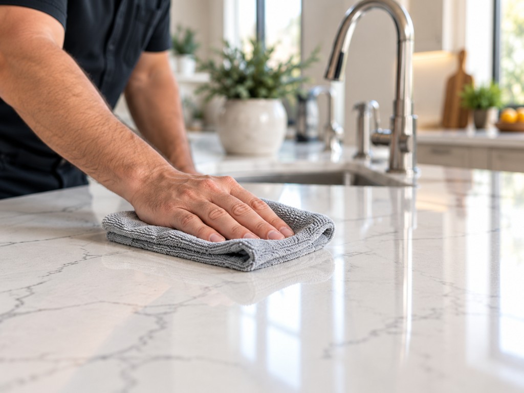 A technician wiping a stone countertop