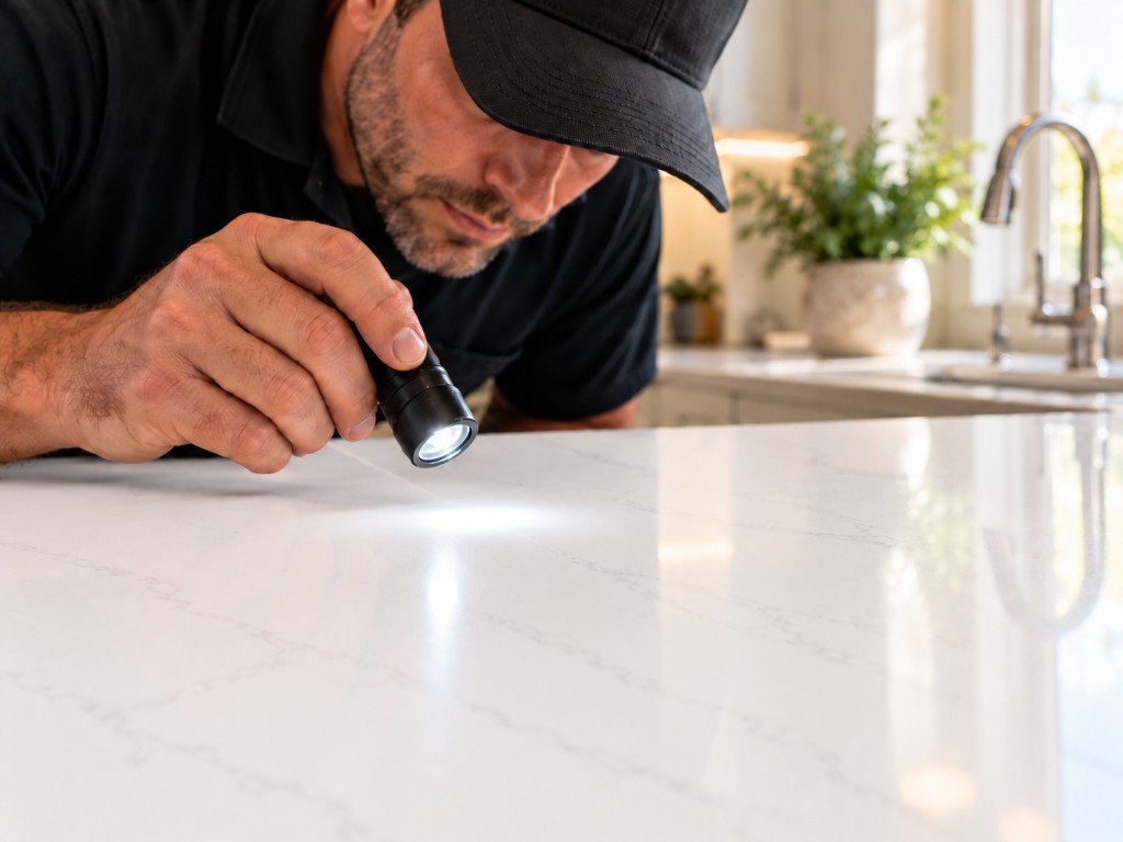 A technician inspecting a stone countertop with a flashlight