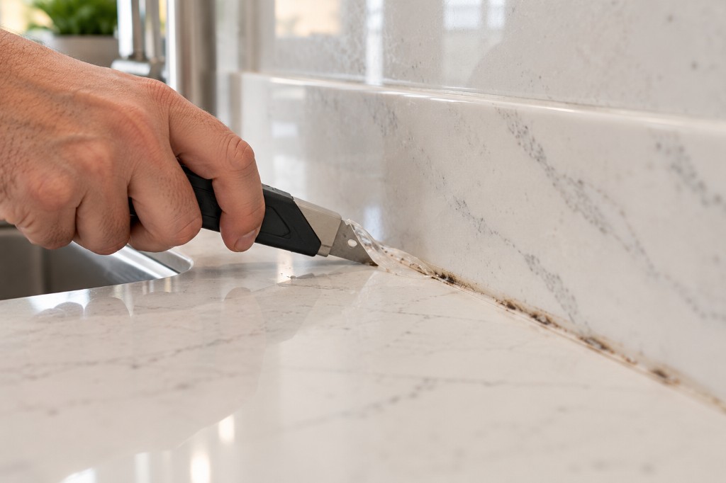 Removing old silicone along a countertop and backsplash