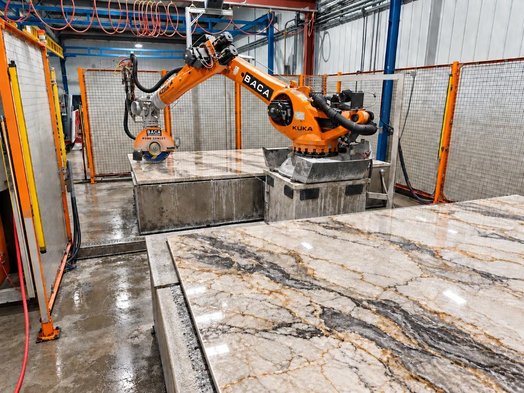 Robotic sawjet cutting a stone slab in the Ottumwa fabrication plant